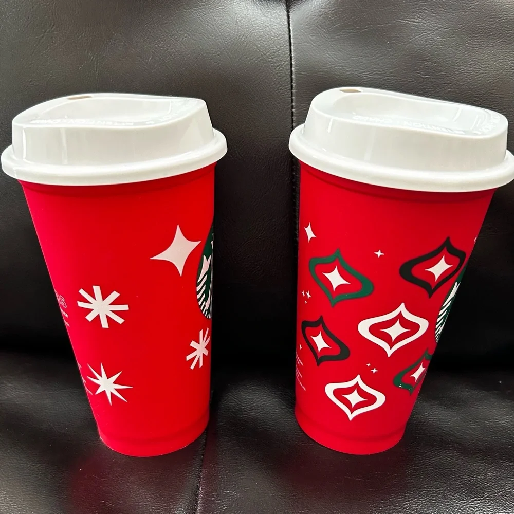 Set of 2 New Starbucks Reusable Red Holiday Plastic Cups Christmas Designs
